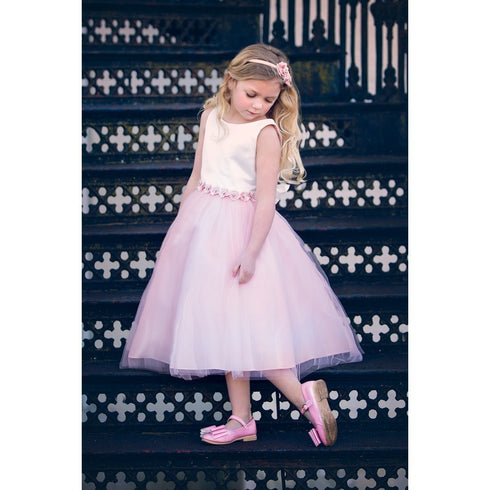 Petite Adele Big Girls Blush Satin Tulle Tea Length Junior Bridesmaid Dress 8-16 - SophiasStyle.com